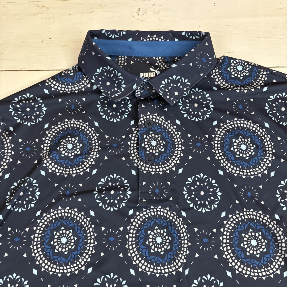 Puma Golf Polo Shirt Mens Large Blue Geometric Mandala Performance